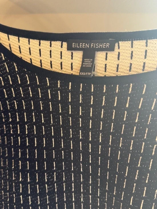 Eileen Fisher Black & Cream Vertical Stitch Knit Crewneck Sweater - Picture 3 of 4